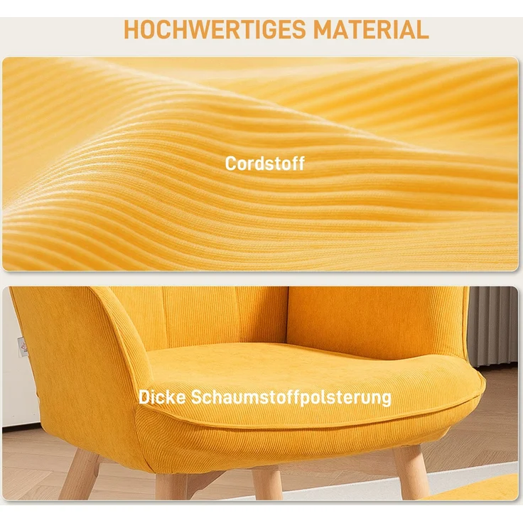 Ohrensessel mit Hocker, Relaxsessel, Polstersessel in Kordoptik, Loungesessel, Armlehnstuhl mit Holzbeine, Fernsehsessel für Wohnzimmer, Orange--Orange--72x80x101cm--YOUDENOVA – Bild 4