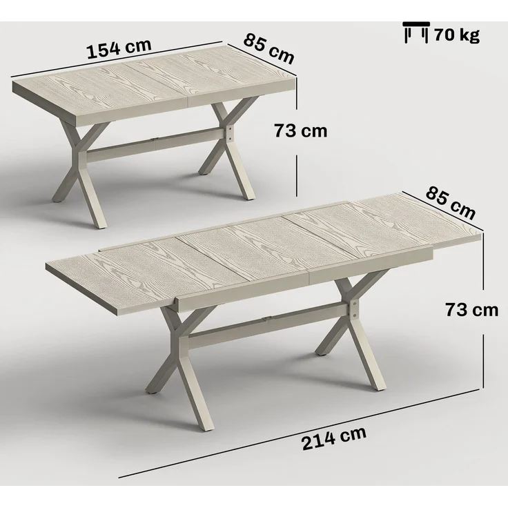 Ausziehbarer Gartentisch für 8–10 Personen, aus Aluminium und Stahl, 154/214 × 85 × 73 cm, grau – Bild 5