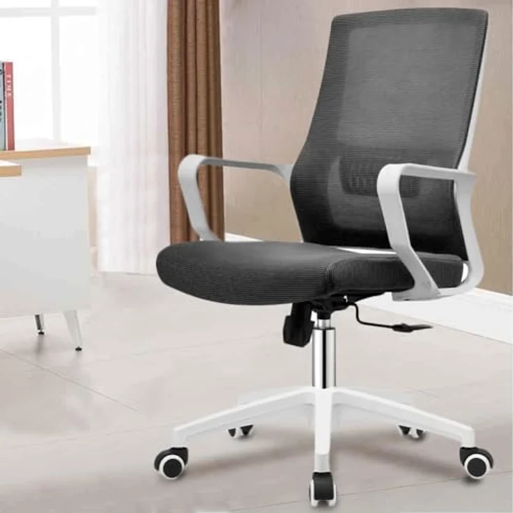 Shally Dogan Ergonomischer Drehstuhl mit Lendenwirbelstütze, Schreibtischstuhl, Arbeitszimmerstuhl, höhenverstellbar, stabile weiße Basis, schweißfeste Rückenlehne (schwarz) – Bild 5