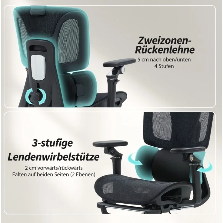 Ergonomischer Bürostuhl mit Netzbezug, 6D-Armlehnen und Fußstütze, 71x67x133 cm, Schwarz – Bild 5