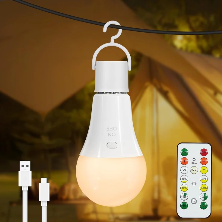 Dehobo Glühbirne Mit Batterie E27 Aufladbare Glühbirne Mit Fernbedienung - 7W Type-C Ladung Camping Lampe 3 Farben Dimmbare - Akku birne Mit Timing Funktion Mit Taste, Outdoor Lampe 1 Pack – Bild 1
