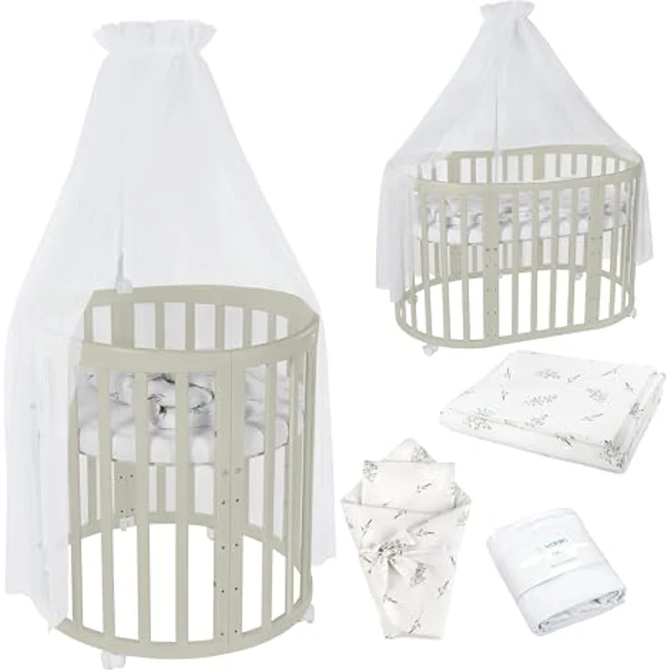 Waldin Babybett OWAL aus Holz 7in1 mit Matratze, mitwachsendes Kinder-Bett, belüftet, Boden 5-fach verstellbar, All-Inclusive-Set Holz olive, Stoffe Weiß Zweige – Bild 1