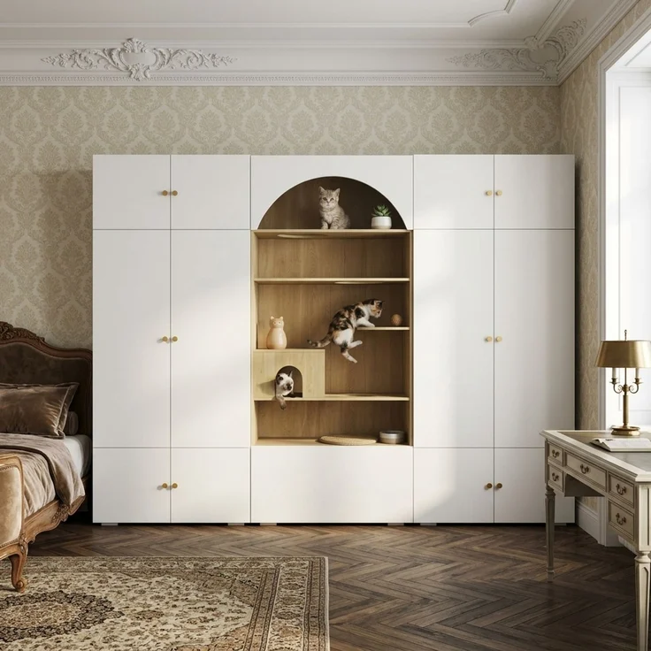 CHICFURN Kleiderschrank 270x200x50 cm mit Kleiderstange und Katzenkletterwand – Weiß/Holzoptik – Bild 6