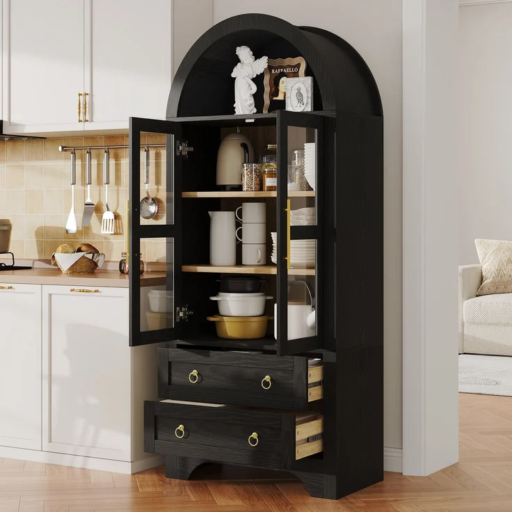 Highboard mit verstellbaren Regalböden und Schubladen, Küchenschrank mit transparentem Glas und großem Stauraum, Ideal für Esszimmer, Wohnzimmer und Küche (Schwarz)--Schwarz--76.2x40x180cm--YOUDENOVA – Bild 2