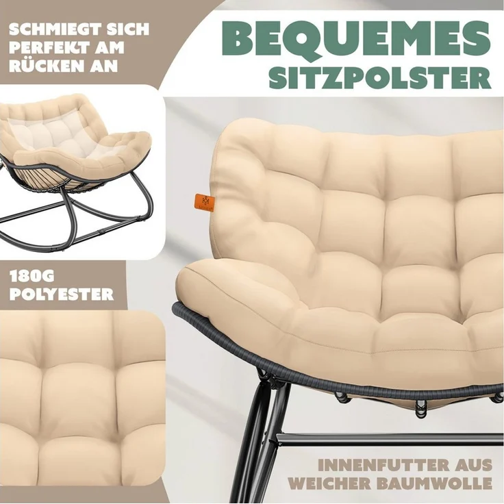 KESSER® Schaukelstuhl für drinnen & draußen ergonomischer Schaukelsessel | maximale Belastung von 120kg Relaxsessel mit Rutschfesten Füßen, Witterungsbeständig | Ideal für Balkon, Garten & Wohnzimmer Beige, XXL Chillexer Pro – Bild 3