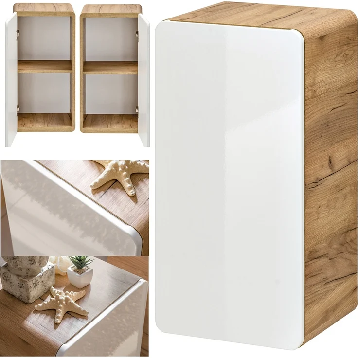 Badezimmer Unterschrank hängend LUTON-56, Hochglanz weiß mit Wotan Eiche Nb, B/H/T ca. 35/68/32 cm – Bild 7