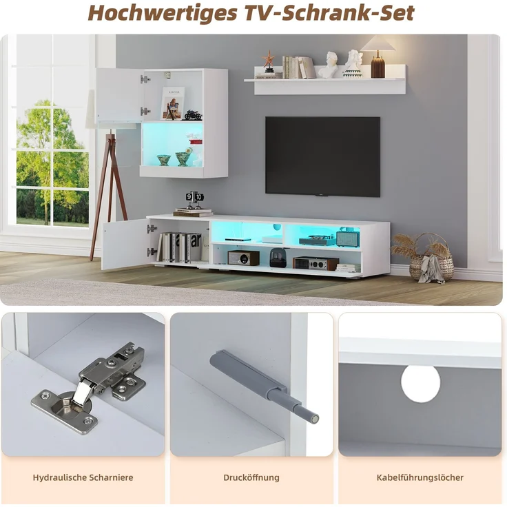 Wohnzimmermöbel 3 Set mit LED-Beleuchtung, TV Lowboard mit 2 offenen Fächern & 2 Türen,Wandschrank & Wandregal – Bild 8