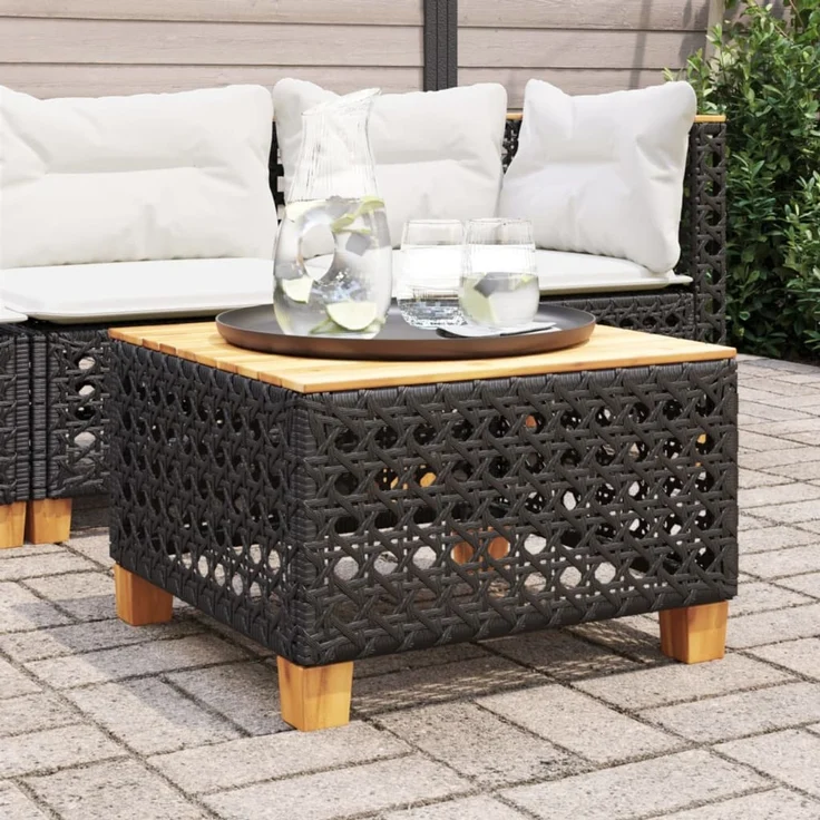 Gartentisch, Beistelltisch, Balkontisch Schwarz 55x55x36 cm Poly Rattan Akazienholz – Bild 1