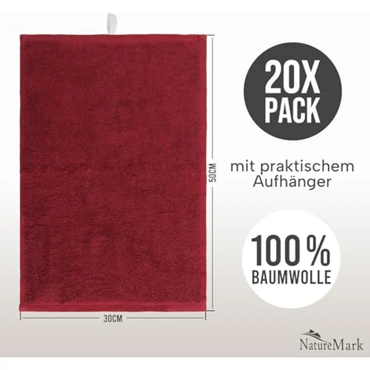 NatureMark Gästetücher – 20er Pack (30x50 cm), 100% Baumwolle, Oeko-TEX Zertifiziert, weich, saugfähig und pflegeleicht – Für Bad, Gäste & Spa – Bordeaux rot – Bild 3