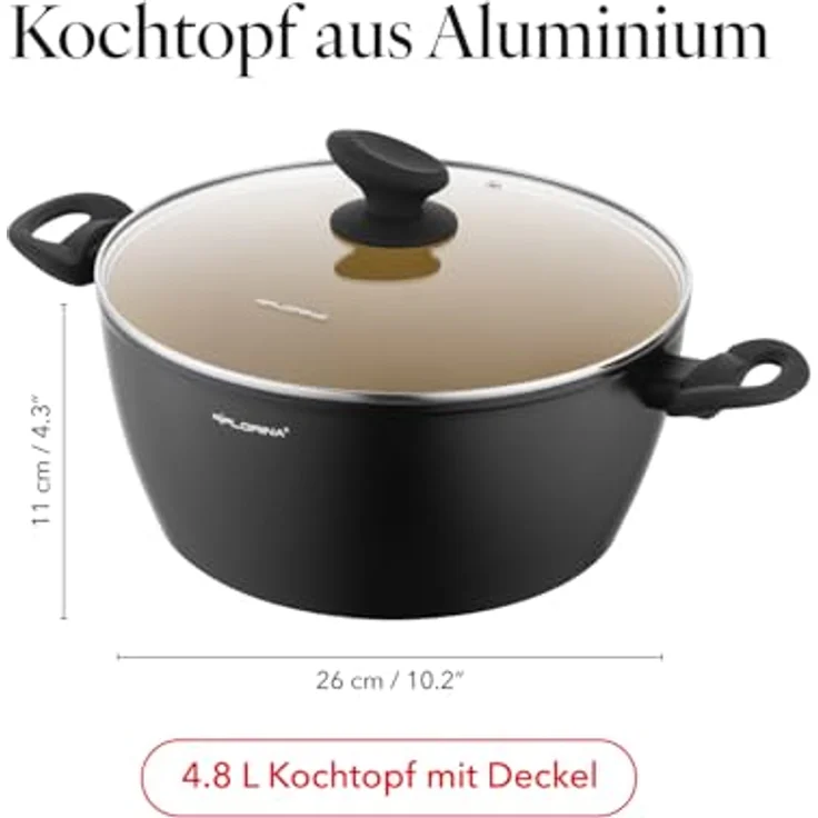 FLORINA AMVEGAN Aluminiumtopf 26 cm I 4,8L I Hohe Haltbarkeit I Glasdeckel I Olivenöl-Keramikbeschichtung I Einfaches Kochen & Spülen I Für alle Herdarten I Originales Design – Bild 4