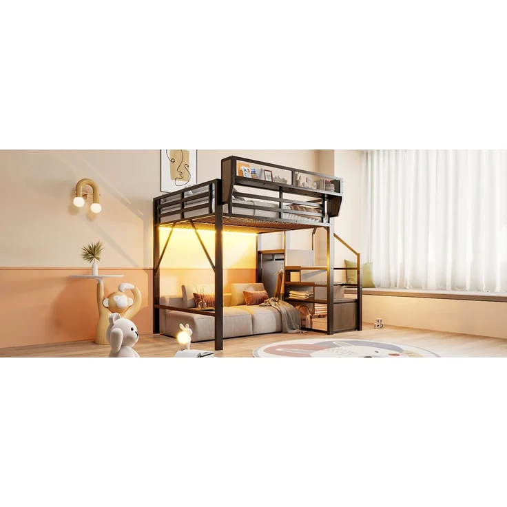 ZUBALIYA Hochbett 140 × 200 cm, Metall, LED-Beleuchtung, Leiter, Schwarz – Bild 22