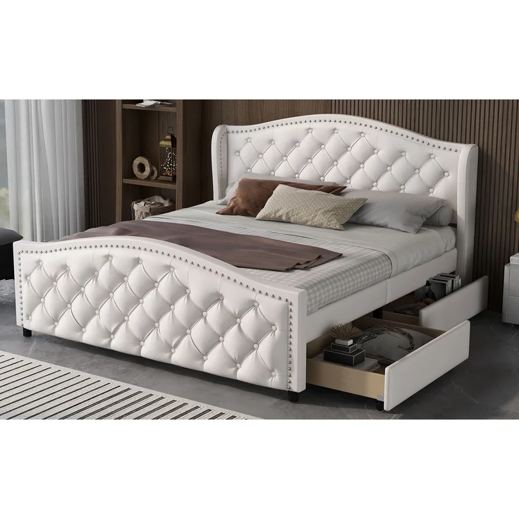 EINHOM Polsterbett 160 x 200 cm - Bett mit Lattenrost, 2 Schubladen und Kopfteil mit Zugpunktnieten – Holz & Kunstleder - Weiß – Jugendbett Gästebett, Weiß PU, (Ohne Matratze) – Bild 5