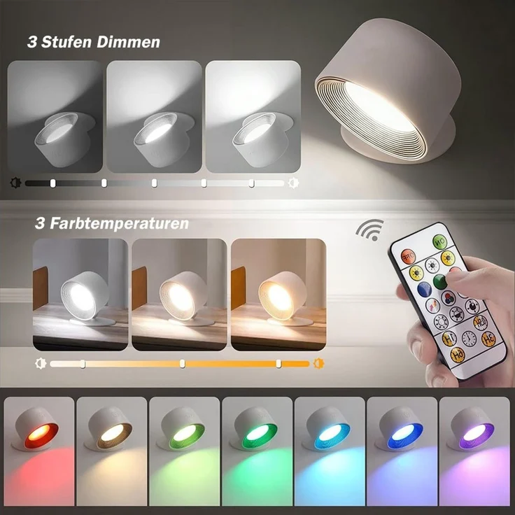 TUWENA LED Wandstrahler LED Wandleuchte Innen, 360°Drehbare Touch-Steuerung Wandlampe mit, 3 Dimmbar, 3 Farbtemperaturen, 16 RGB Farben, Touch und Fernbedienung – Bild 2
