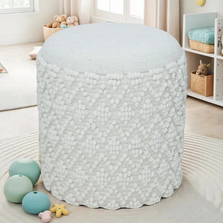 Hocker Boho Wolle mit Stauraum Ø40xH45cm Weiß abnehmbare Sitzfläche