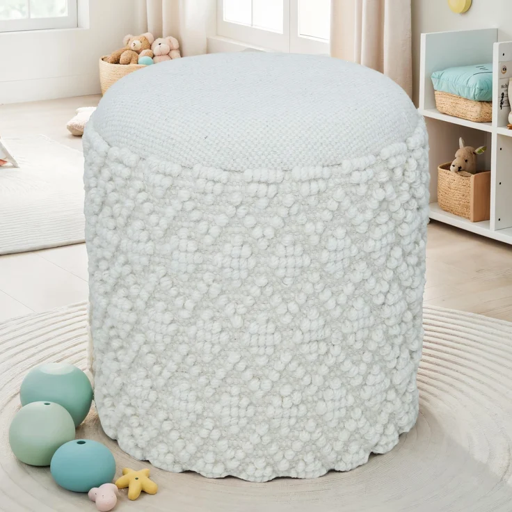 Hocker Boho Wolle mit Stauraum Ø40xH45cm Weiß abnehmbare Sitzfläche – Bild 1