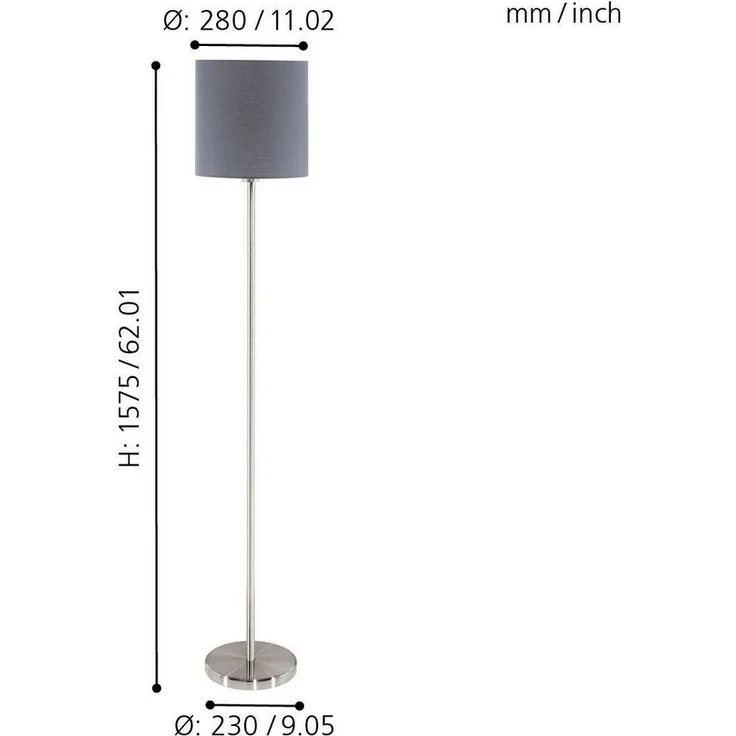 Eglo 95166 Stehleuchte Pasteri Textil grau E27 1X60W H:157,5cm Ø28cm mit Fußtrittschalter – Bild 2