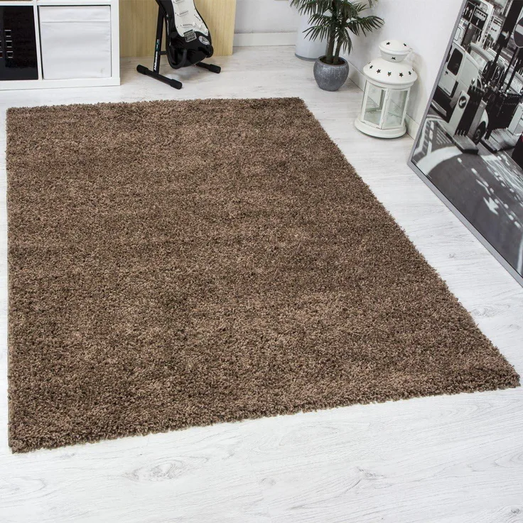 VIMODA Prime Shaggy Teppich Hochflor Langflor Teppiche Modern Einfarbig Nougat Hellbraun, Maße:200 cm Quadrat