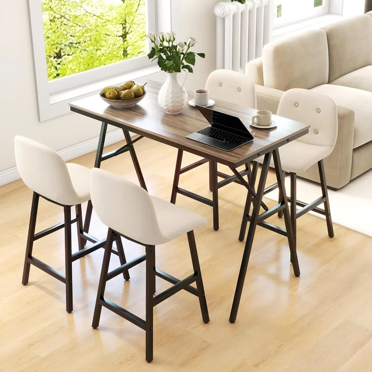HOMCOM Bargruppe Küchentisch, Bistrotisch mit 4 Stühlen, Bartisch Set für Küche, (Bartisch-Set, 5-tlg, 5-teiliges Bartisch-Set), Beige – Bild 6