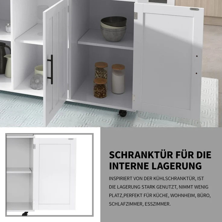 Merax 129*46(71)*91,5cm Küchenwagen Esstischwagen /Anrichte mit Klapptischplatte, Inneneinlegeböden in den Schranktüren, Kücheninsel auf 5 Rädern mit Stauschränken und 2 Schubladen, für das Esszimmer, weiß – Bild 8
