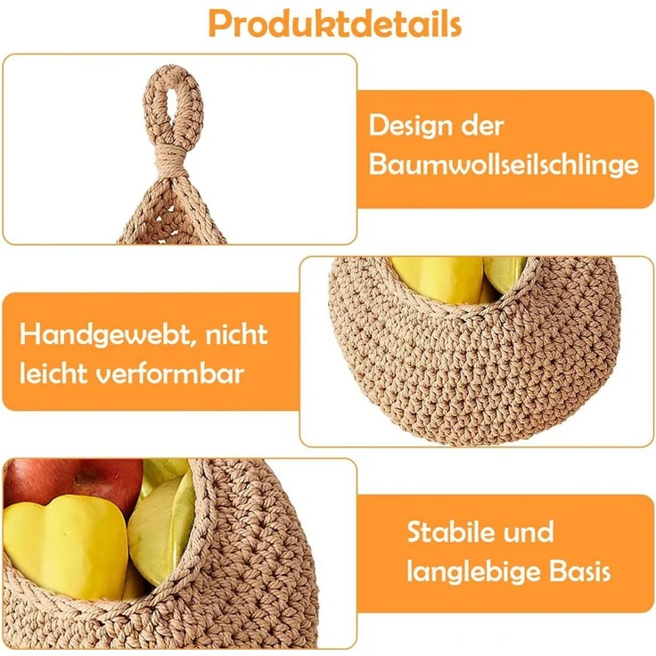 TUWENA Hängekorb 3 Stück Hängend Obstkorb,Handgewebt Baumwollegewebe Aufbewahrungskörbe – Bild 2