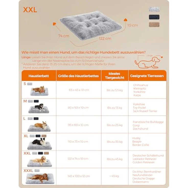 Feandrea Hundebett, Hundekissen, Flauschige Hundematte, Langer Plüsch, 122x74 cm, weiche Polsterung, waschbar, multifunktional, Ombré-Grau PGW204G01 – Bild 6