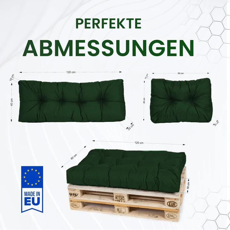 TexDeko® Garden Palettenkissen 120 x 80 x 18 cm wasserabweisend UV - beständig In- & Outdoor Premium Sitzkissen gesteppt Palettenauflage für Europaletten (7-TLG Set, Dunkelgrün) – Bild 4