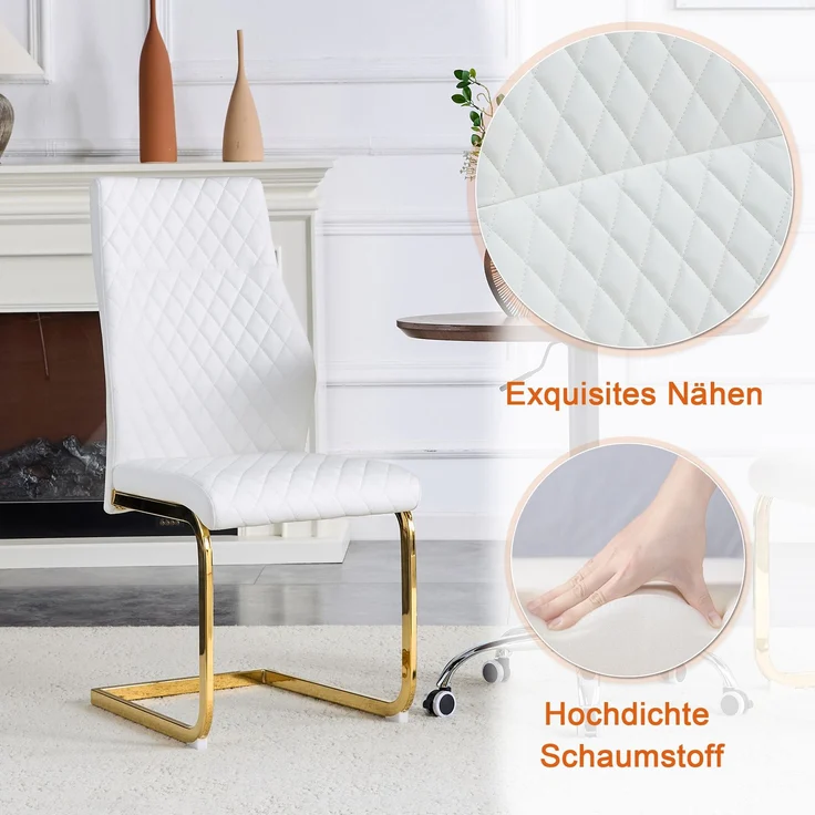Esstischgruppe H 72 x T 60 x B 60 cm mit 2 Stühlen, MDF-Tischplatte, PU-Leder, goldfarbenes Metallgestell – Bild 5
