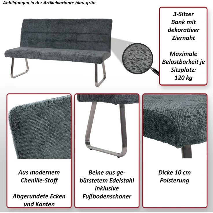 Sitzbank HWC-G55, Esszimmerbank Bank, Edelstahl gebürstet Stoff/Textil Chenille Öko-Tex, 180cm ~ dunkelgrau – Bild 2