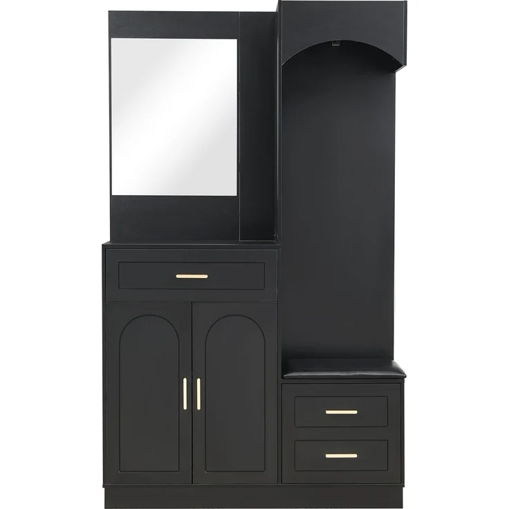 Moderne, Kompaktgarderoben,Garderobenschrank und Schuhschrankkombination, Eingangsschrank, multifunktionales Lagerregal mit Spiegel--Schwarz--110x33x185.5cm--YOUDENOVA – Bild 9