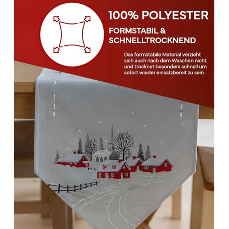 texpot Tischdecke Tischläufer Stickerei Dorf mit Kirche Tischtuch (1-tlg) – Bild 2