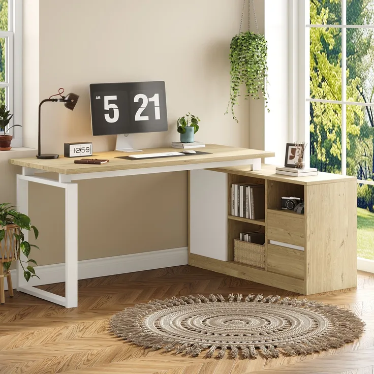 Flieks L-förmiger Schreibtisch 152x113.5x76 cm, Bürotisch mit 2 Schubladen, 3 offenen Regalen & 1 Schrank, Naturholzfarbe & Weiß