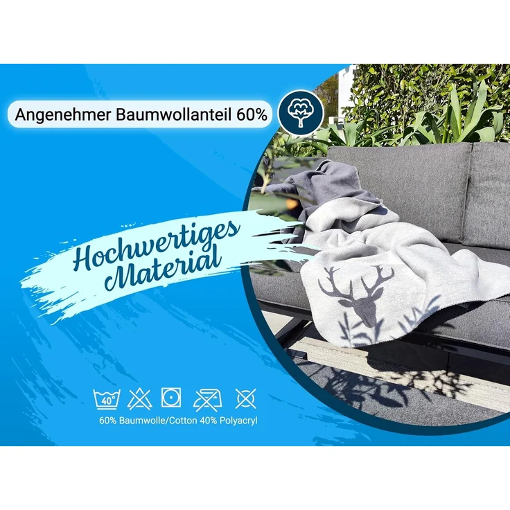 Wohndecke, ZOLLNER, mit Hirschkopf, Wendedecke, hochwertige Kettelnaht, 150 x 200 cm, 60% Baumwolle, 40% Polyacryl, vom Hotelwäschespezialist – Bild 3