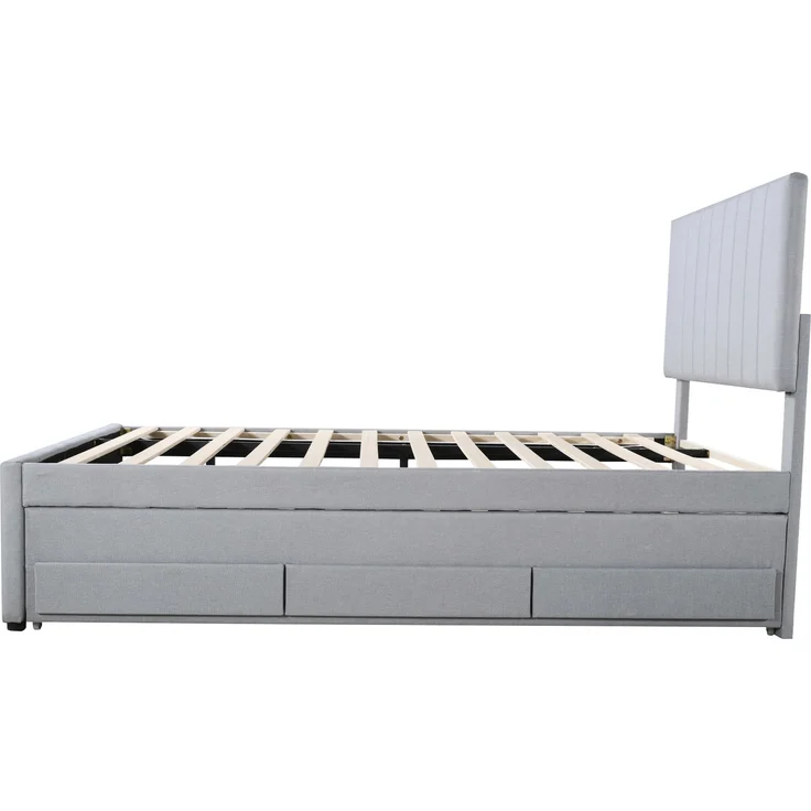 Polsterbett 90x200 cm mit Ausziehbett und 3 Schubladen – Leinenbezug, höhenverstellbares Kopfteil, grau – Bild 8