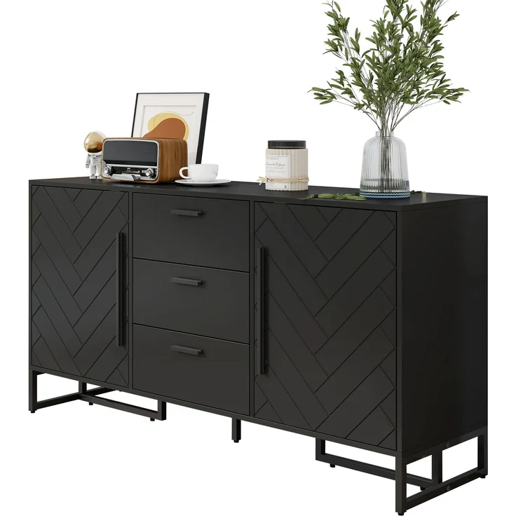 Merax Kommode, Schwarzes elegantes Sideboard mit Fischgrätenmuster, mit 2 Türen und 3 Schubladen für Esszimmer, Küche und Wohnzimmer – Bild 10