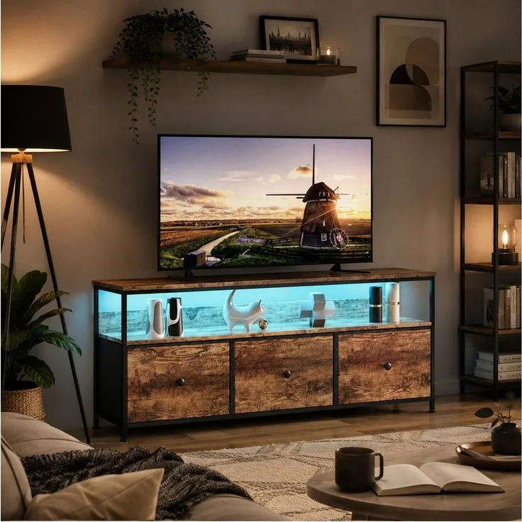 Simurq TV-Schrank Fernsehschrank mit LED-Beleuchtung (1-St, Mit Stoffschublade,Verstellbare LED) Metallrahmen, Robust,Montage einfach