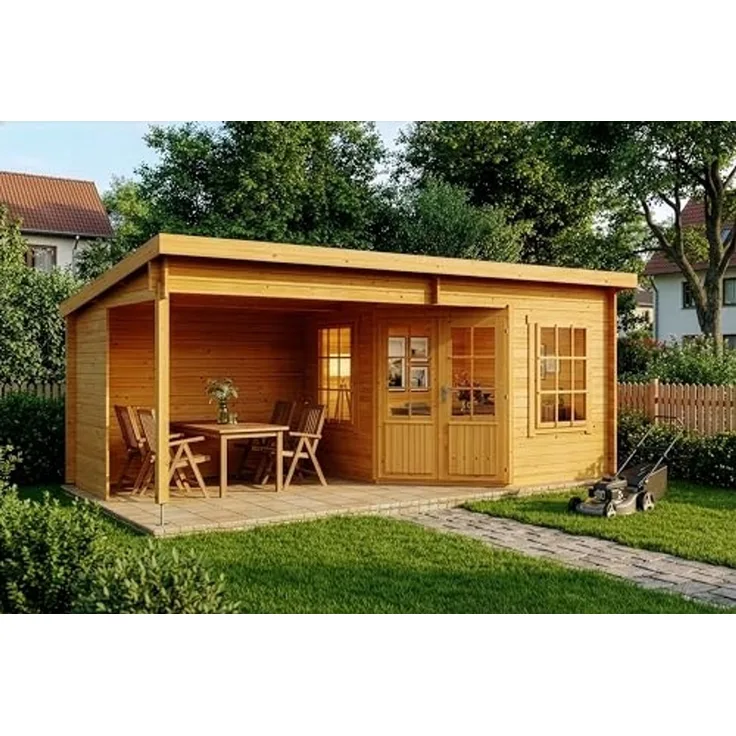 Alpholz Gartenhaus Carl Gartenhaus aus Holz in Pinie Holzhaus mit 28 mm Wandstärke inklusive Terrasse Blockbohlenhaus mit Montagematerial