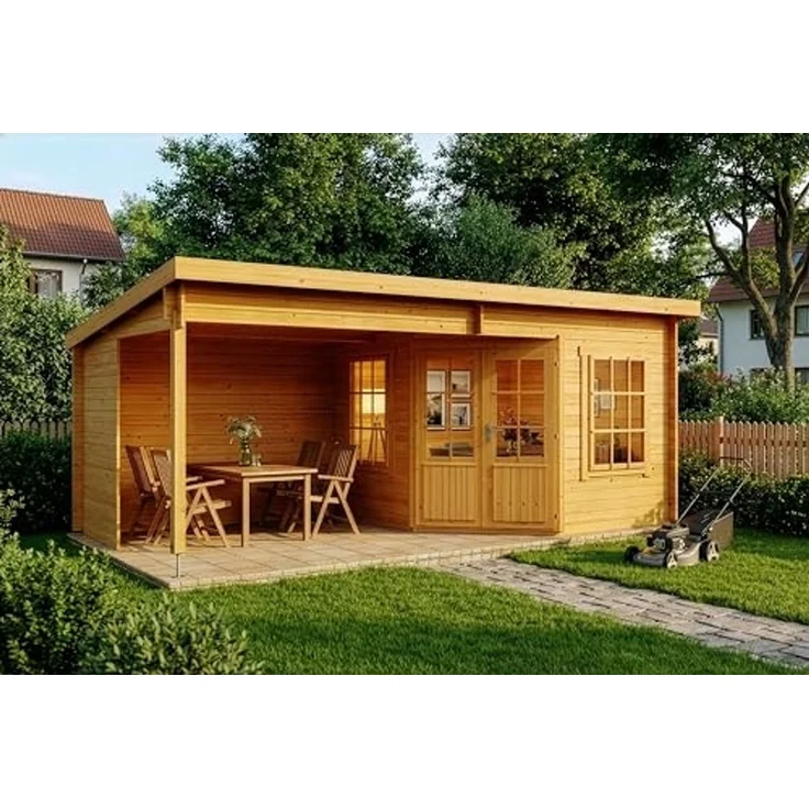 Alpholz Gartenhaus Carl Gartenhaus aus Holz in Pinie Holzhaus mit 28 mm Wandstärke inklusive Terrasse Blockbohlenhaus mit Montagematerial – Bild 1