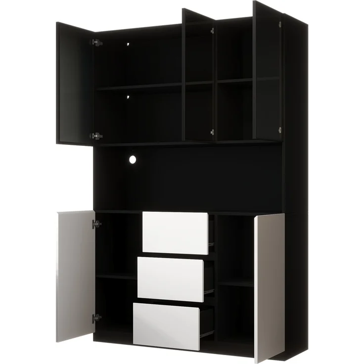 Vitrine 120x40x200 cm in Schwarz mit LED, Glasbereich, 3 Schubladen und 2 Türen – Bild 6