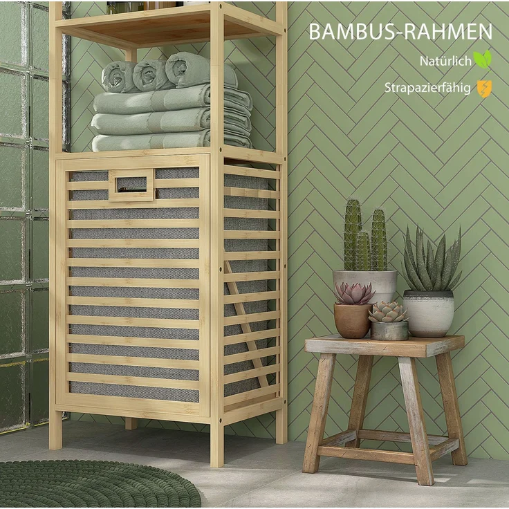 Badregal 44 x 33 x 160 cm aus Bambus mit 3 Ablagen und kippbarem Wäschekorb – Bild 4