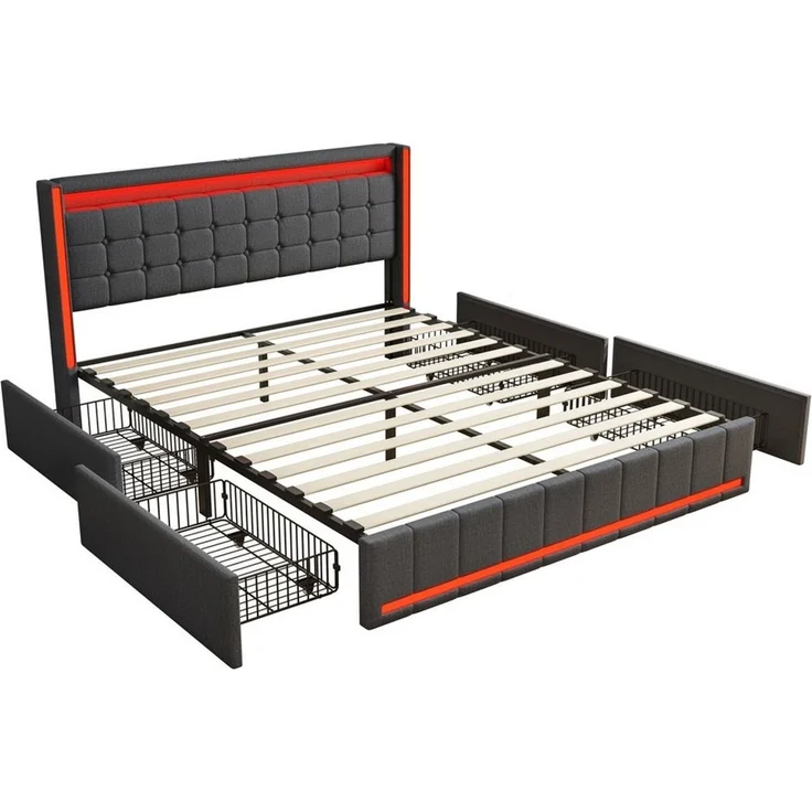 Simurq Polsterbett 180 x 200 cm Doppelbett mit LED Beleuchtung und Ladefunktion (Mit Komforthöhe Lattenrost, Leises Design Bett), Jugendbett 4 Schubladen Stauraumbett, in 2 Größen verfügbar – Bild 4