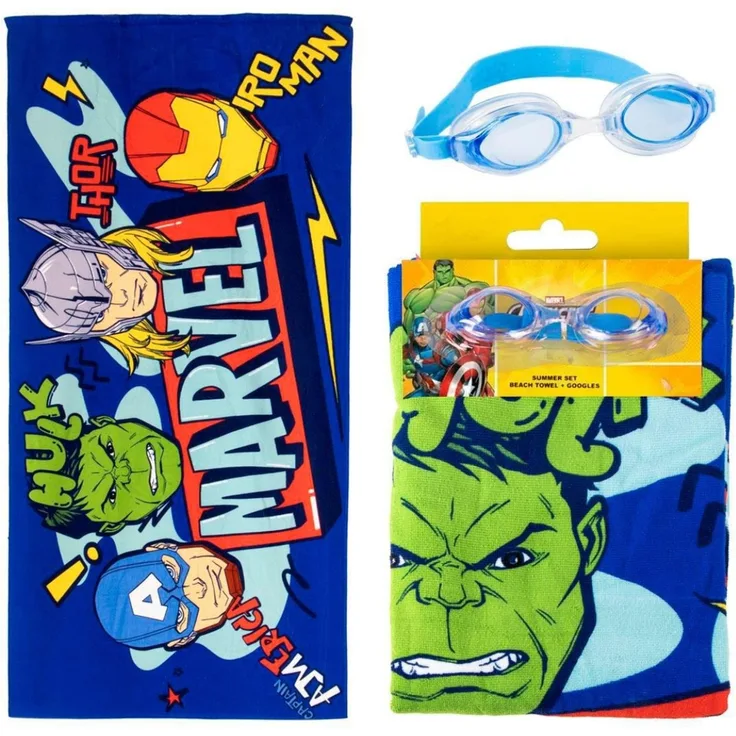 Marvel Kinder Strandtuch 70 × 140 cm mit Schwimmbrille als Set