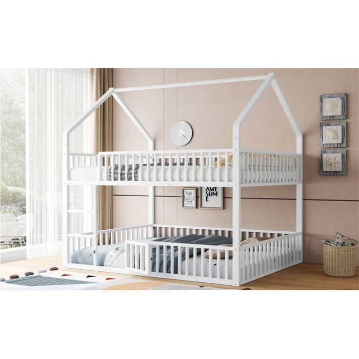 Kinder-Etagenbett 140*200, Metall-Doppelbett, Kinder-Familienbett, Etagenbett mit Treppe, Loft-Design, Unteres Bett mit kleiner Tür zum Öffnen und Schließen, Weiß – Bild 4