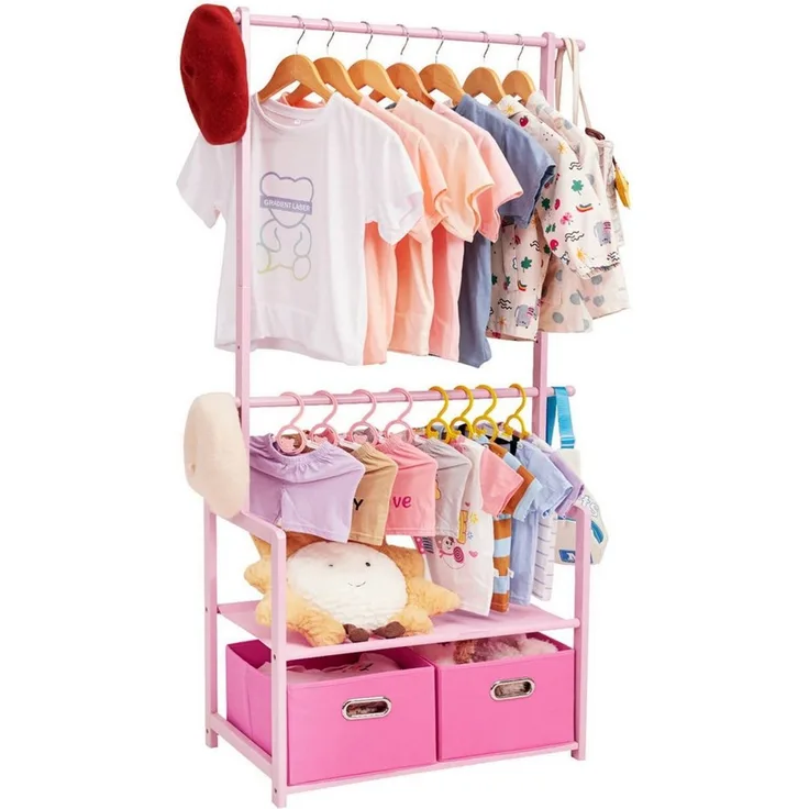 Yorbay Kleiderständer Kinder Kleiderständer aus Bambus, 74 x 35 x 140cm, Kinderregal, (Mit 2 Boxen, Kleiderstange, Kinder offnene Kleiderschrank), Garderobenständer für Kinder, Kinderzimmer und Schlafzimmer