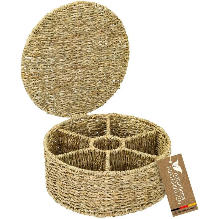 HMF Teebox Teebox für Teebeutel geflochten aus Seegras, Seegras, Tee Aufbewahrungsbox mit 7 großen Fächern, 27 x 27 x 11 cm – Bild 1