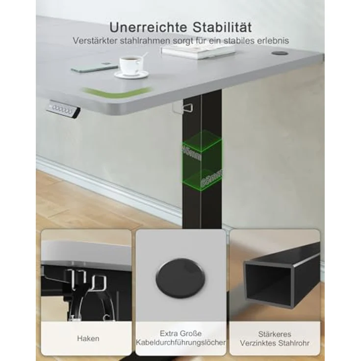 JUMMICO Höhenverstellbarer Schreibtisch 180x80 cm, USB-A-Anschluss | Schreibtisch Höhenverstellbar Elektrisch, Erinnerung bei langem Sitzen Stehschreibtisch, Computertisch Grau und Schwarz – Bild 4