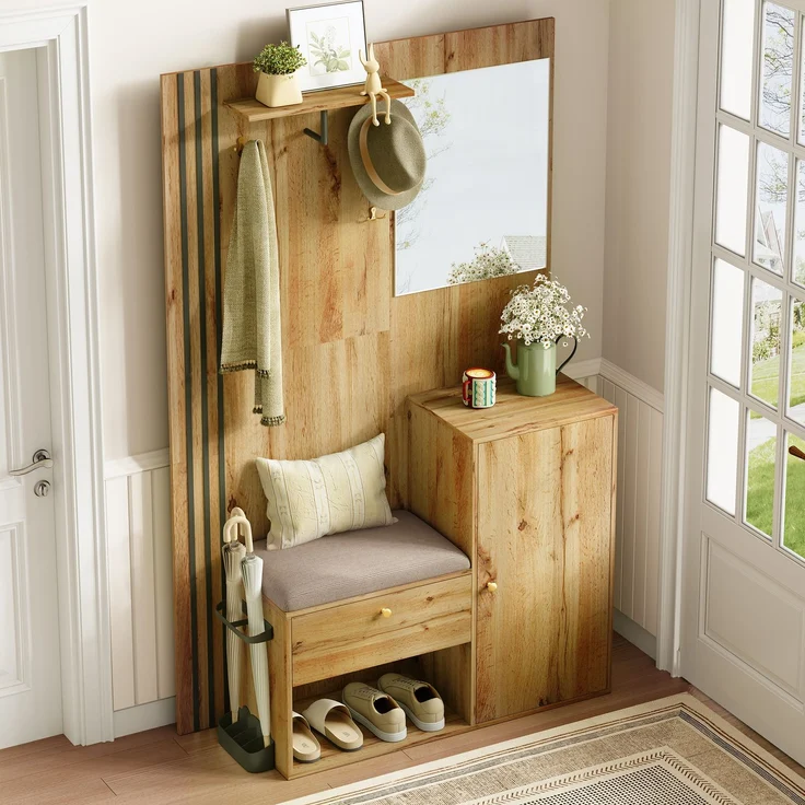 Garderobenset, Kompaktgarderobe, Flurgarderobe mit Spiegel und Kissen, mit schwarzer Zierleiste und Schirmablage, Wohnwand, Regal, Flur- und Dielengarderobe, Schuhschrank, (B x H x T): 115 x 185 x 37--Natürlich--93.35x50.8x21.84cm--YOUDENOVA – Bild 7