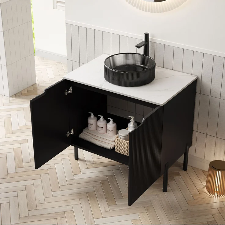Badunterschrank mit Waschbecken 76 x 48 x 87 cm – schwarzes Glasbecken, Steinplatte und Soft-Close-Türen – Bild 1