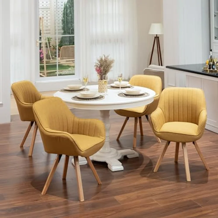 MEUBLE COSY Esszimmerstühle Drehbar 2er Set Küchenstuhl Polsterstuhl Drehstuhl mit Armlehne Sessel Schminkstuhl aus Stoff Massivholzbeine für Esszimmer Wohnzimmer Arbeitszimmer, Gelb – Bild 3