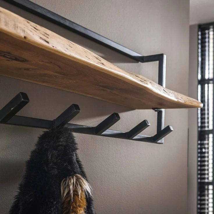 Garderobe Natredja aus Akazienholz, modern industriell, Natur, 6 Haken und Ablage – Bild 2