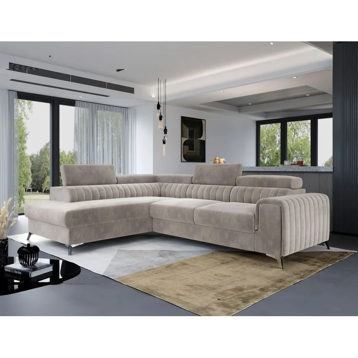 Ecksofa mit Schlaffunktion Sofa ELENI Stoff Paros Beige Ottomane Links – Bild 1